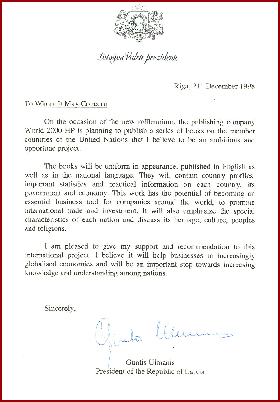 Recommendation letter from Guntis Ulmanis, President of Latvia