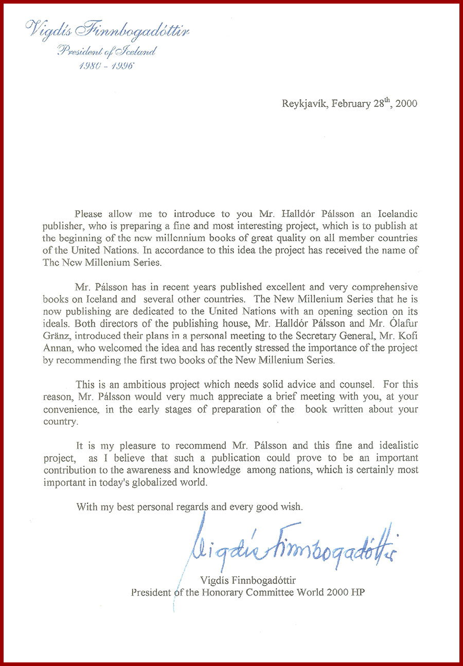 Recommendation letter from Vigdís Finnbogadóttir, President of Iceland (1980–1996)