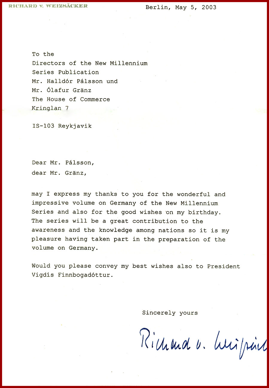Recommendation letter from Richard von Weizsäcker, President of Germany